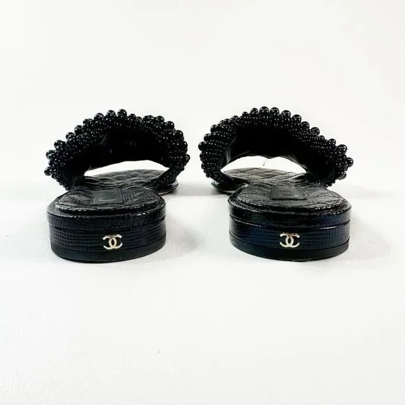 CHANEL Black Fantasy Pearl Cord Sandals Size 37 Mules Open Toe Slides CC Flat - Picture 6 of 12